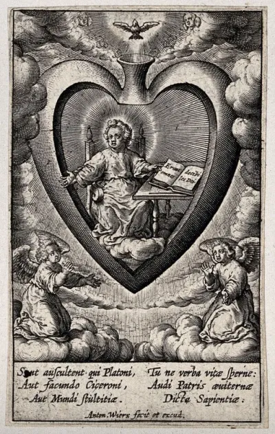 The Christ Child as a professor sitting at a desk in the believer's heart, lecturing to angels