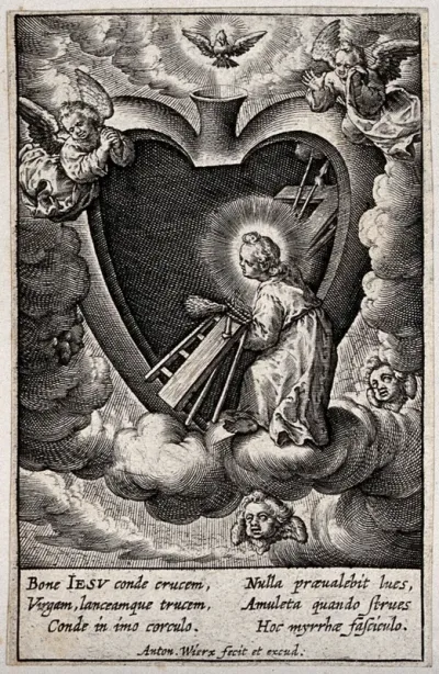The Christ Child deposits the Instruments of the Passion inside the believer's heart