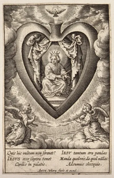 The Christ Child enthroned as a king in the palace of the believer's heart, venerated by angels