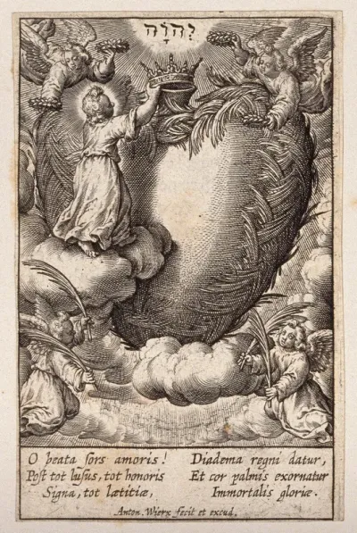 The Christ Child, helped by angels, bestows a crown on the believer's heart, which is bedecked with palm branches