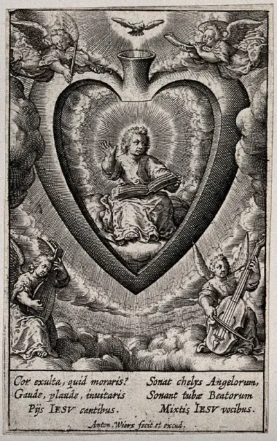 The Christ Child, in the believer's heart, beats the time from a songbook while angels accompany him with musical instruments