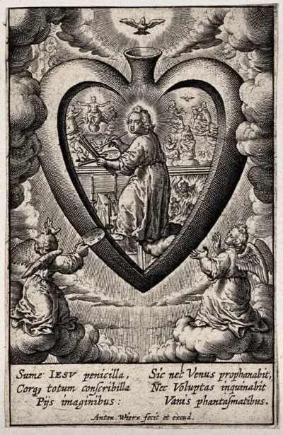 The Christ Child painting pictures (the Last Judgment, the Assumption of the Virgin and a scene from hell) on the inner wall of the believer's heart