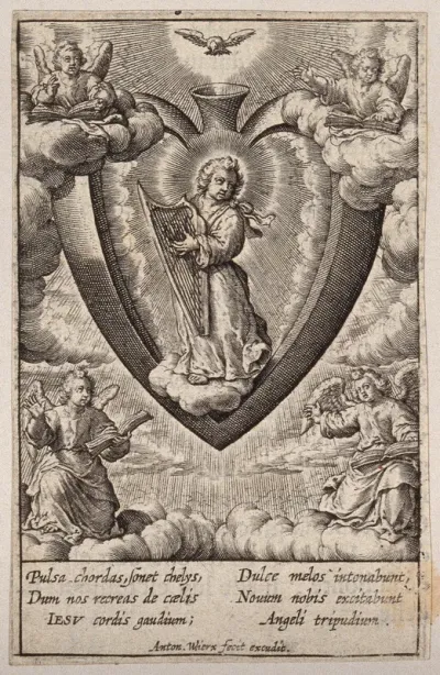 The Christ Child playing the harp in the believer's heart, which is surrounded by angels