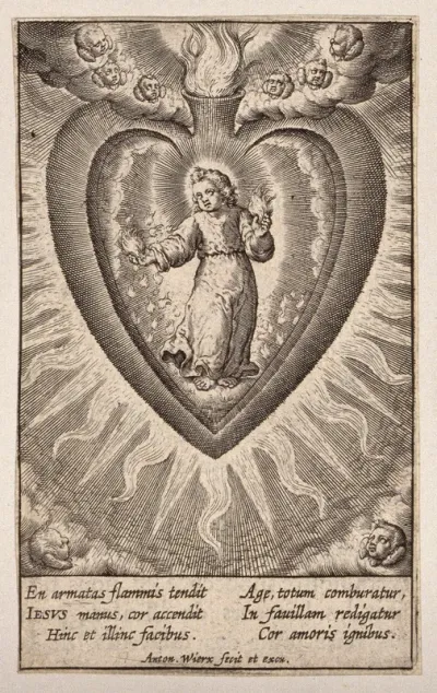 The Christ Child setting alight the believer's heart with the fire of his wounds