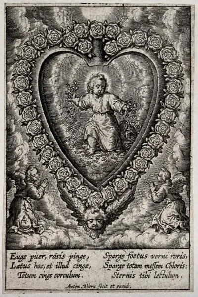 The Christ Child strews a bed of roses for himself inside the believer's heart which is surrounded by roses and venerated by angels