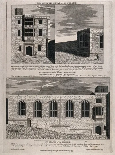 The church, above, and hospital, below, of Savoy, London