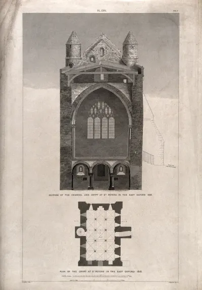 The church of Saint Peter-in-the-East, Oxford: section of the chancel and plan of the crypt