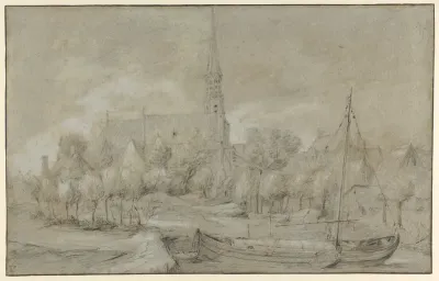 The Church of Saints Peter and Paul in Schelle, near Antwerp, seen from the North, with a Boat in the river Vliet