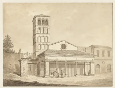 The Church of San Giorgio in Velabro , Rome, with the Arch of the Argentari and Tower of the Campidoglio to the left