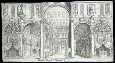 The church of San Lorenzo, Florence, with funerary decorations to mark the death of King Henri IV of France