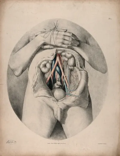 The circulatory system: dissection of the abdomen showing the intestines and bladder, with the arteries and veins indicated in red and blue