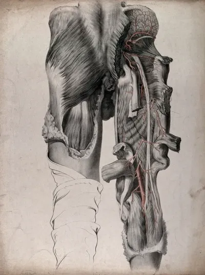 The circulatory system: dissection of the buttocks and thighs of a man, seen from behind, with blood vessels indicated in red