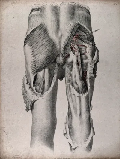 The circulatory system: dissection of the buttocks and upper thighs of a man, seen from behind, with blood vessels indicated in red