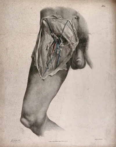 The circulatory system: dissection of the groin and upper thigh of a man, showing the lymph nodes, with the arteries and veins indicated in red and blue