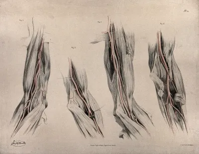 The circulatory system: dissections of the arm and elbow, with arteries and blood vessels indicated in red