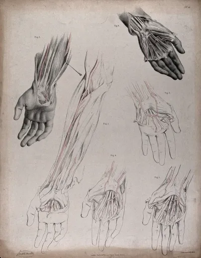 The circulatory system: dissections of the arm and hand, with the arteries indicated in red