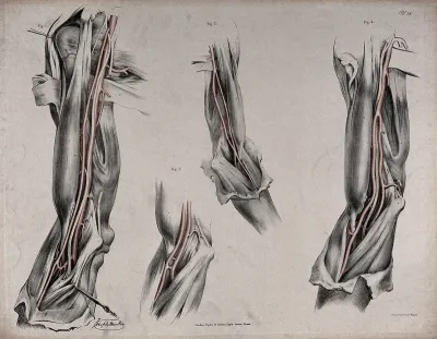 The circulatory system: dissections of the arm, shoulder and elbow, with arteries and blood vessels indicated in red