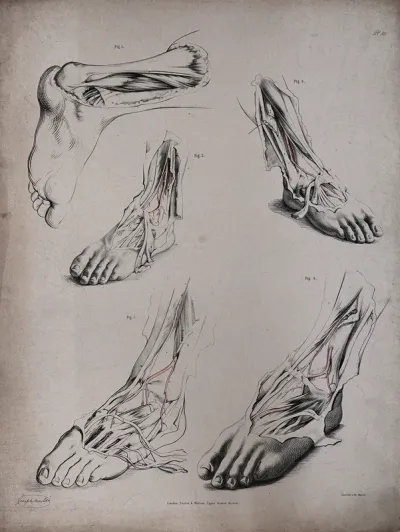 The circulatory system: dissections of the foot and ankle, with arteries (?) indicated in red