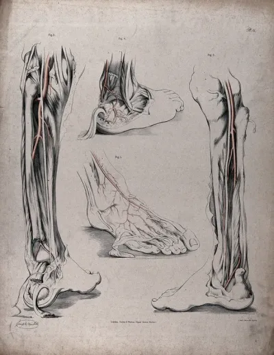 The circulatory system: dissections of the foot, lower leg and ankle, with arteries (?) indicated in red