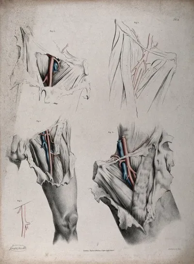 The circulatory system: dissections of the groin and thigh of a man, with the arteries and veins indicated in red and blue