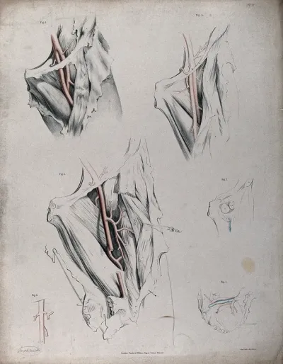 The circulatory system: dissections of the groin and thigh of a man (?), with the arteries indicated in red