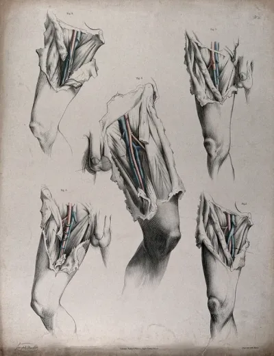 The circulatory system: dissections of the groin and upper thighs of a man, with the arteries and veins indicated in red and blue