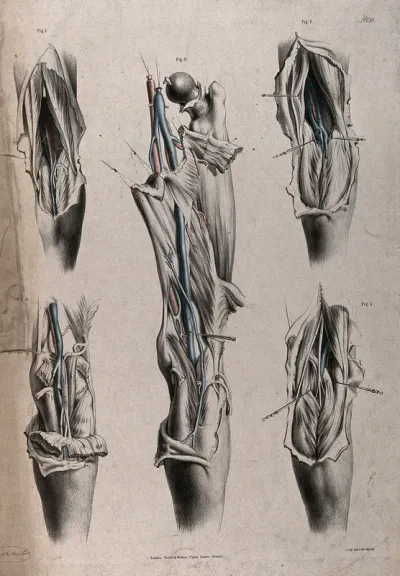 The circulatory system: dissections of the leg, with arteries and veins indicated in red and blue