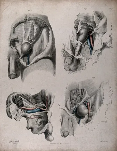 The circulatory system: dissections of the male reproductive system, with the arteries and veins indicated in red and blue