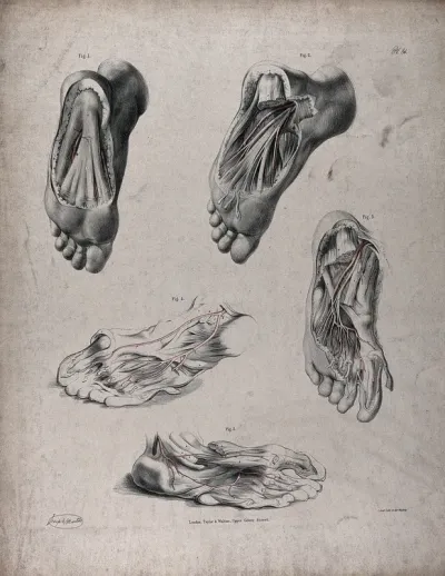 The circulatory system: dissections of the underside of the foot, with blood vessels indicated in red