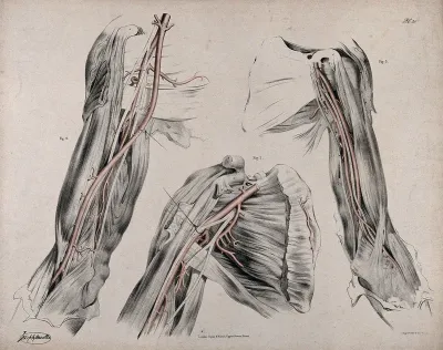 The circulatory system: dissections of the upper arm and the shoulder, with arteries and blood vessels indicated in red