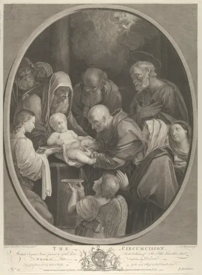 The Circumcision of Christ, a group of men and women surrounding him, an angel in the foreground, after Reni