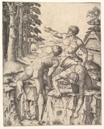The Climbers: three naked men, one seen from behind climbing onto a river-bank, soldiers emerge from the forest in the background