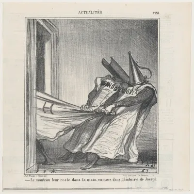 The cloak remains in their hands, like in the story of Joseph, from 'News of the day,' published in Le Charivari, October 14, 1869