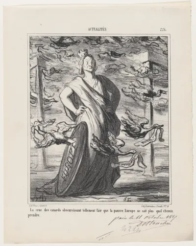 The cloud of ducks obscures the sky so much that poor Europe does not know what road to take, from 'News of the day,' published in Le Charivari, October 22, 1867