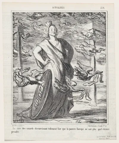 The cloud of ducks obscures the sky so much that poor Europe does not know which road to take, from 'News of the day,' published in Le Charivari, October 22, 1867