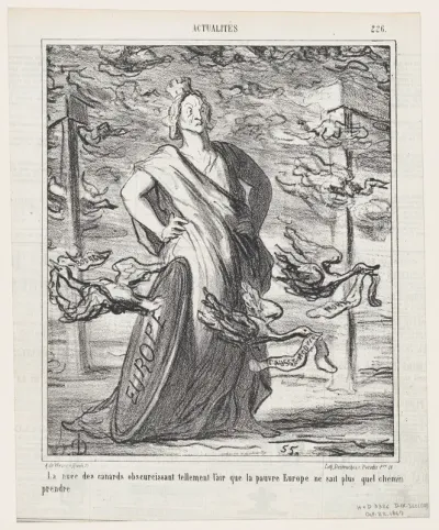 The cloud of ducks obscures the sky so much that poor Europe does not know which road to take, from "News of the day"