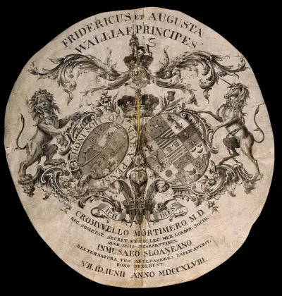 The coats of arms of Frederick and Augusta, Princess and Princess of Wales, presented to Cromwell Mortimer after he elucidated for them the rarities of nature and art in Sir Hans Sloane's museum