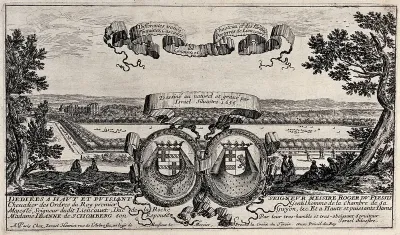 The coats of arms of Roger du Plessis and Jeanne de Schomberg and scrolls before a panorama of Liancourt