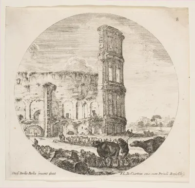 The Colosseum, two herds being directed towards the amphitheater in the foreground, plate 8 from "Roman landscapes and ruins" (Paysages et ruines de Rome)