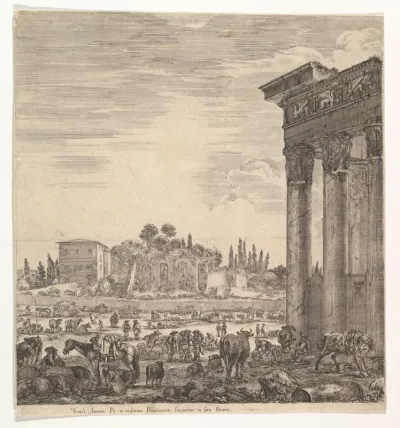 The columns of the Temple of Antoninus to right, a part of the Campo Vaccino in center and at left, along with various animals and figures, the Palatine ruins in the background, from "Six large views, four of Rome, and two of the Roman countryside" (