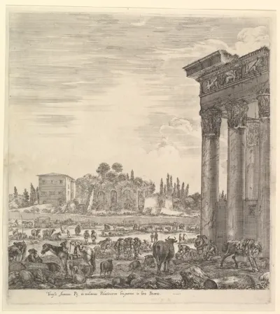 The columns of the Temple of Antoninus to right, a part of the Campo Vaccino in center and at left, from "Six large views, four of Rome, and two of the Roman countryside" (Six grandes vues, dont quatre de Rome et deux de la Campagne romaine)