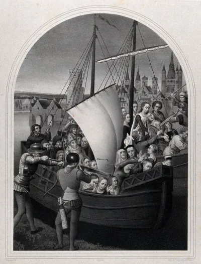The companions of Saint Ursula, arriving in Cologne, are killed by Huns