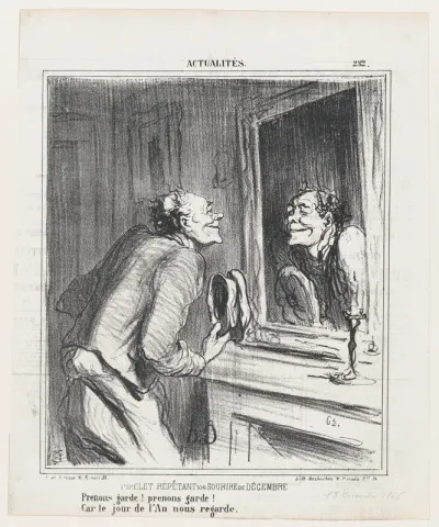 The concierge rehearsing his December smile: Take care! take care! For New Year's Day is approaching!, from 'News of the day,' published in Le Charivari, December 13, 1866