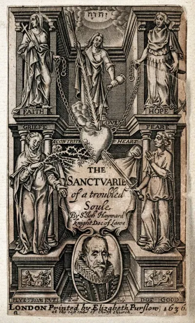 The contrite heart is tormented by Grief and Fear, but secured by Faith and Hope, while Love wounds it with one hand and soothes it with another; above, the Tetragrammaton, and below, the portrait of John Hayward in a roundel