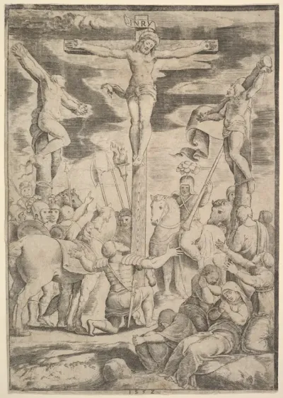 The conversion of the Centurion who flings his arms open before Christ on the cross