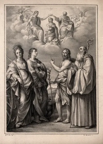 The coronation of the Virgin with four saints: Saint Catherine of Alexandria, Saint John the Evangelist, Saint John the Baptist and Saint Benedict or Saint Romuald