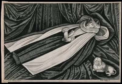 The corpse of a lady wearing a ruff and an elaborate head-dress lying on a bier guarded by a dog