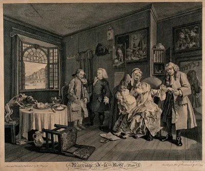 The countess, having taken a dose of laudanum nears death, and is kissed by her sickly child held towards her by an elderly maid; her father slips her ring from her finger