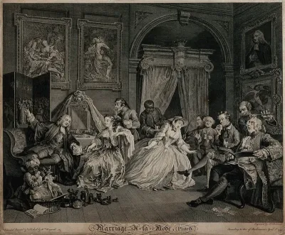 The countess's levee: a barber dresses her hair while she converses with Silvertongue, her lawyer