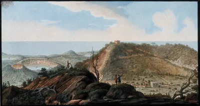 The crater of Monte Gauro or Barbaro (right), with other volcanic features in the background